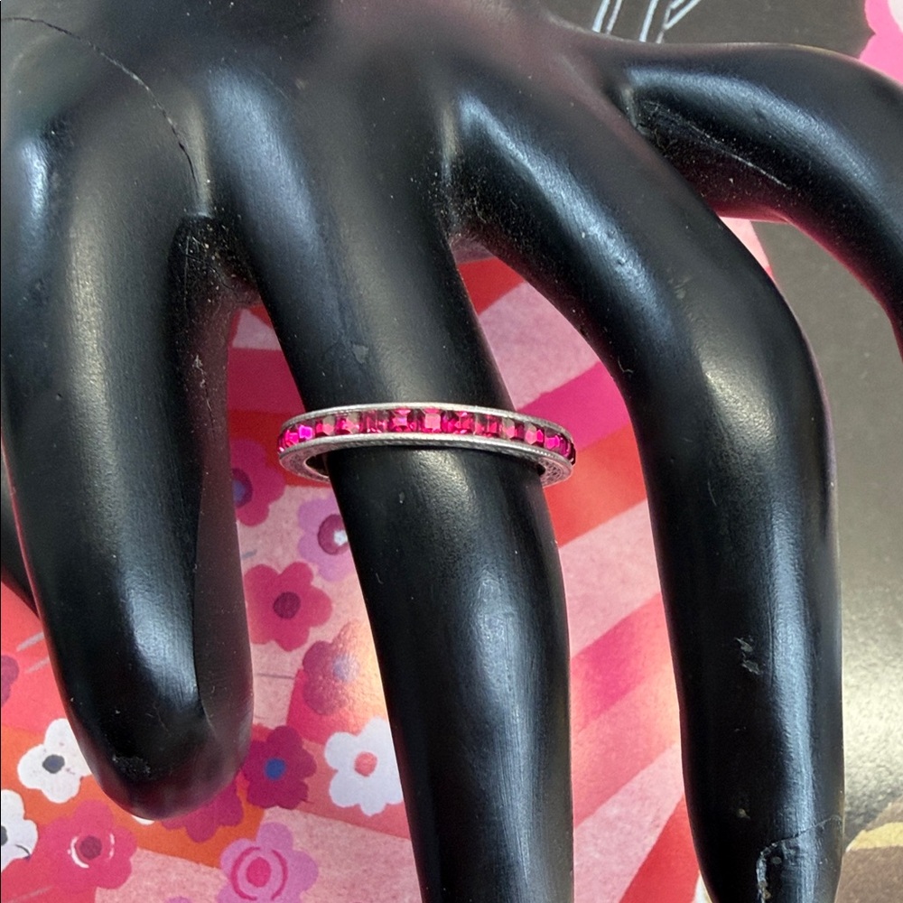 Channel Set Engraved Dark Pink or Ruby Colored Gemstone Ring stamped 935